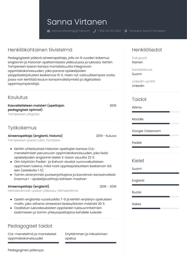 Aineenopettaja CV-pohja — Tyyli 1