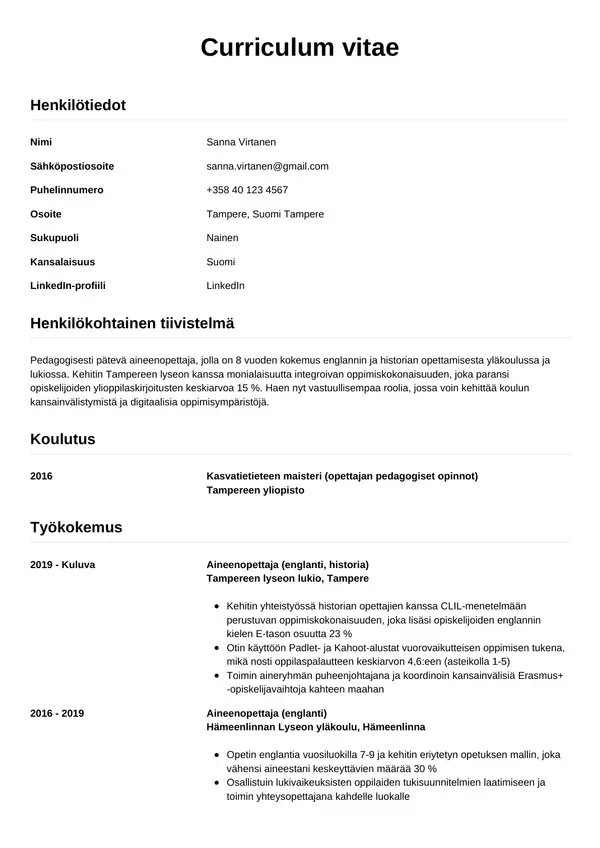 Aineenopettaja CV-pohja — Tyyli 12