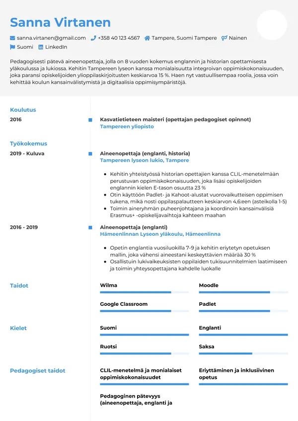 Aineenopettaja CV-pohja — Tyyli 2