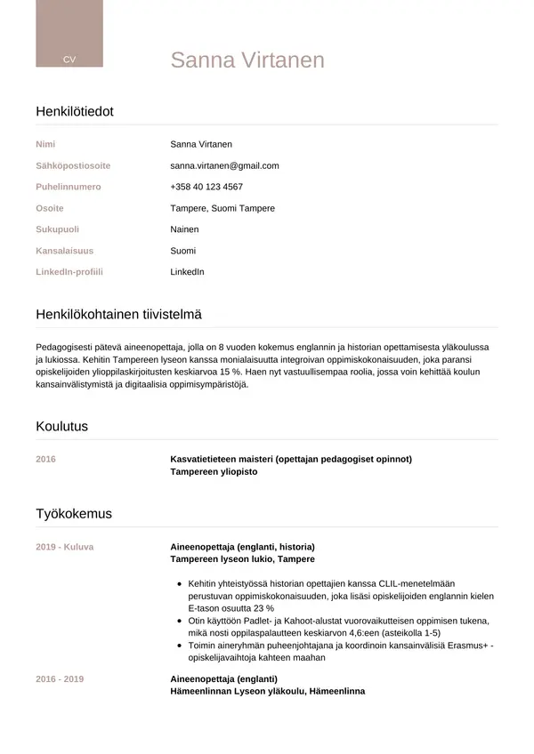 Aineenopettaja CV-pohja — Tyyli 6