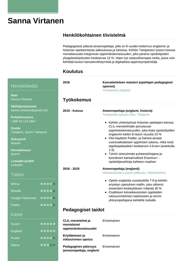 Aineenopettaja CV-pohja — Tyyli 8