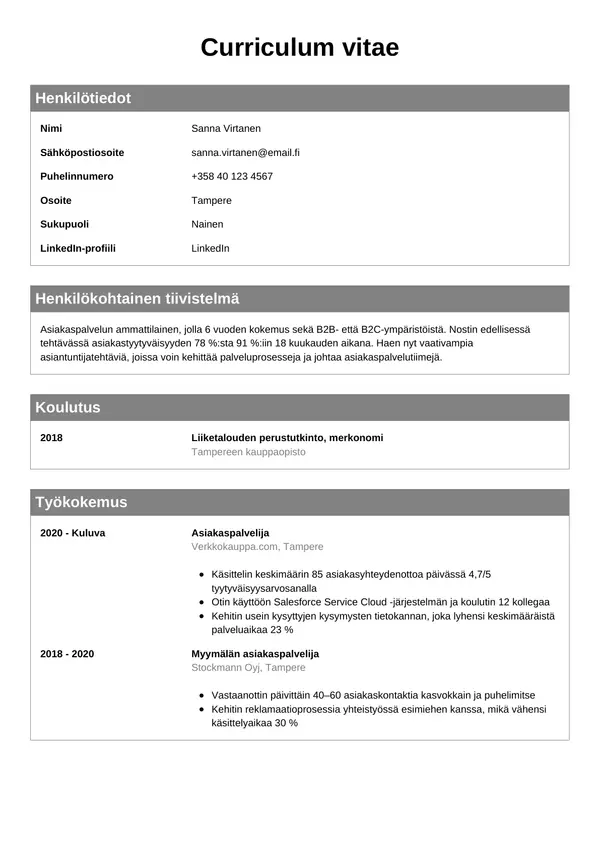 Asiakaspalvelija CV-pohja — Tyyli 7