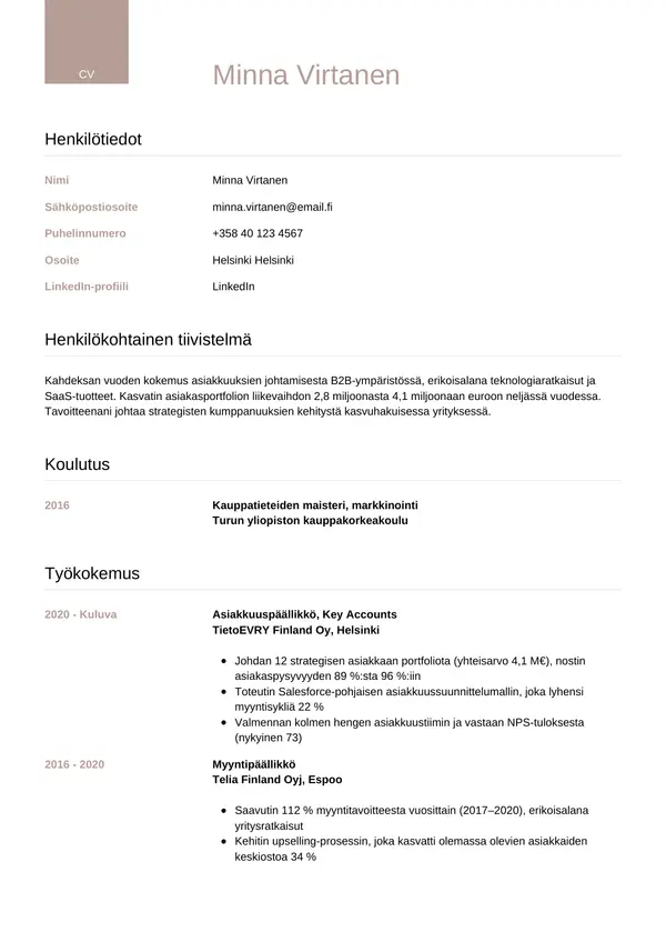 Asiakkuuspaallikko CV-pohja — Tyyli 6