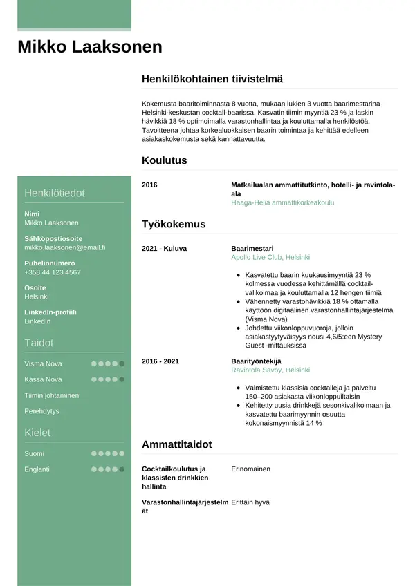 Baarimestari CV-pohja — Tyyli 8