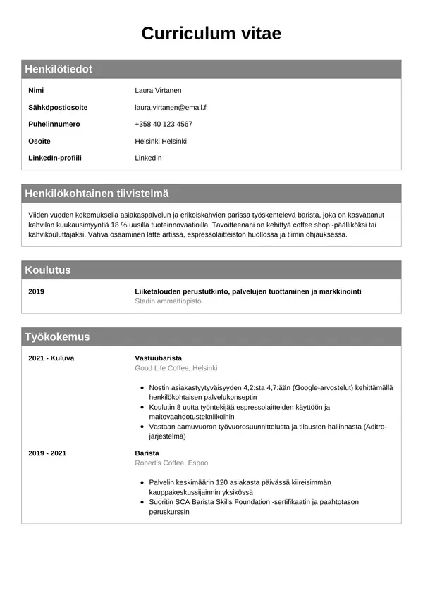 Barista CV-pohja — Tyyli 7