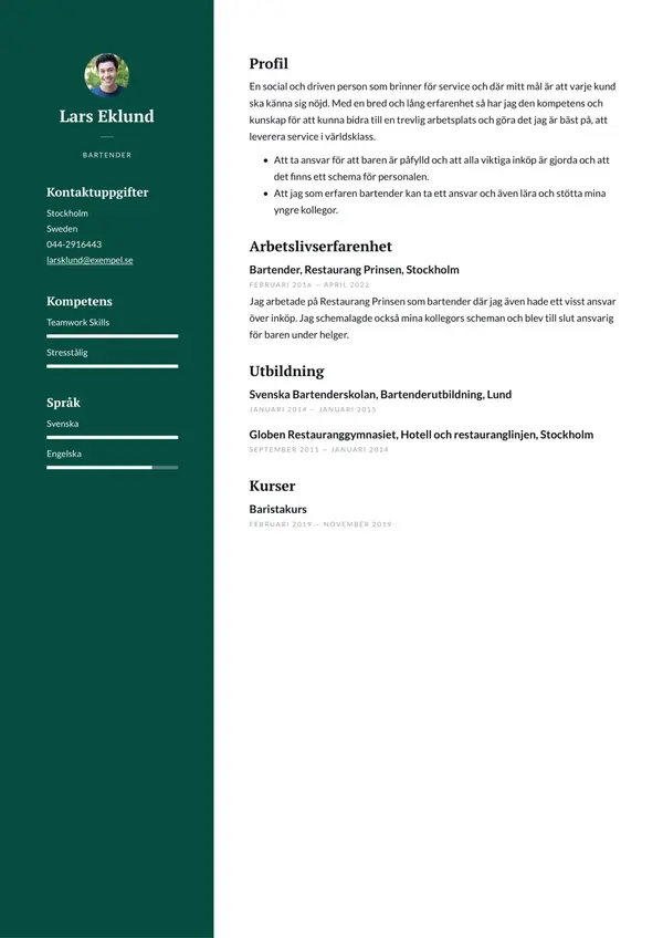Bartender CV-pohja — Tyyli 1