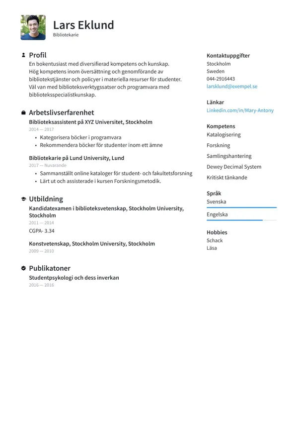 Bibliotekarie CV-pohja — Tyyli 1