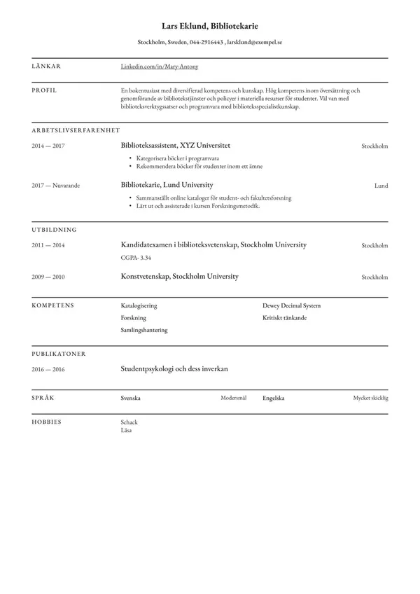 Bibliotekarie CV-pohja — Tyyli 3