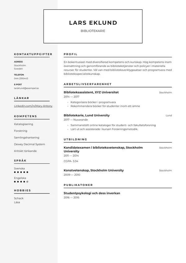 Bibliotekarie CV-pohja — Tyyli 5