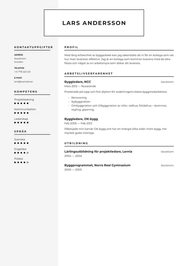 Byggarbetare CV-pohja — Tyyli 1