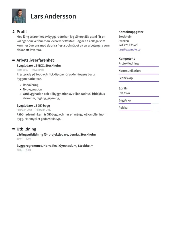 Byggarbetare CV-pohja — Tyyli 2