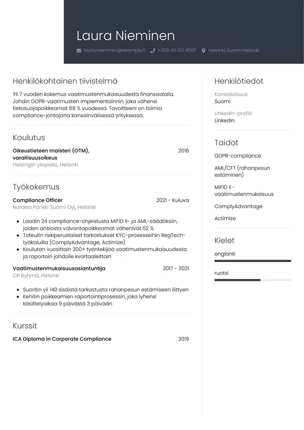 Compliance Officerin CV-pohja — Tyyli 1
