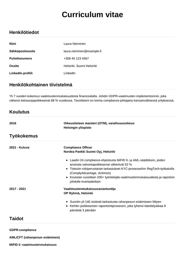 Compliance Officerin CV-pohja — Tyyli 12