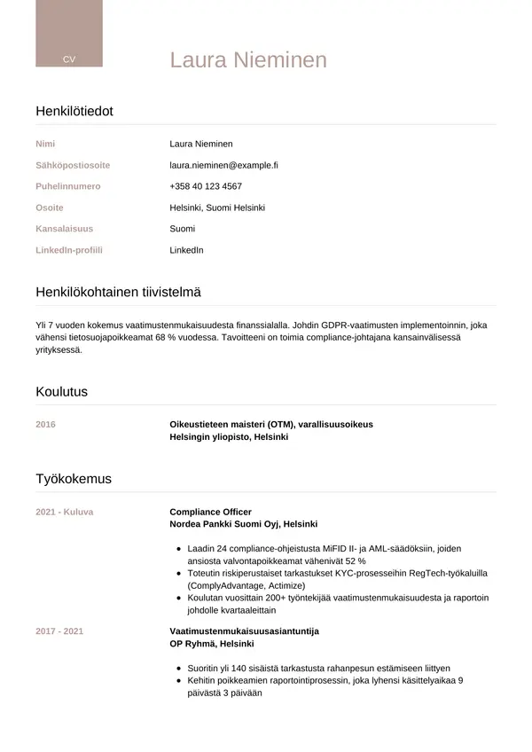 Compliance Officerin CV-pohja — Tyyli 6