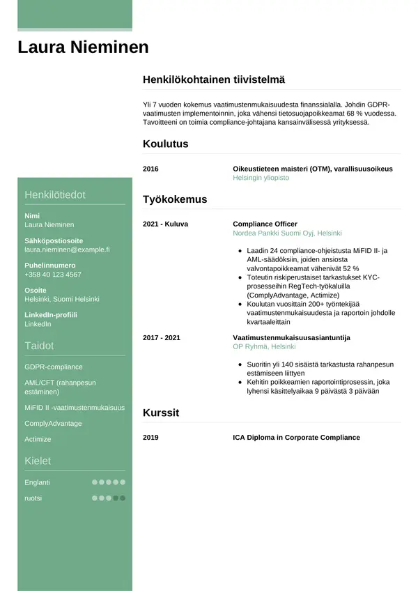 Compliance Officerin CV-pohja — Tyyli 8