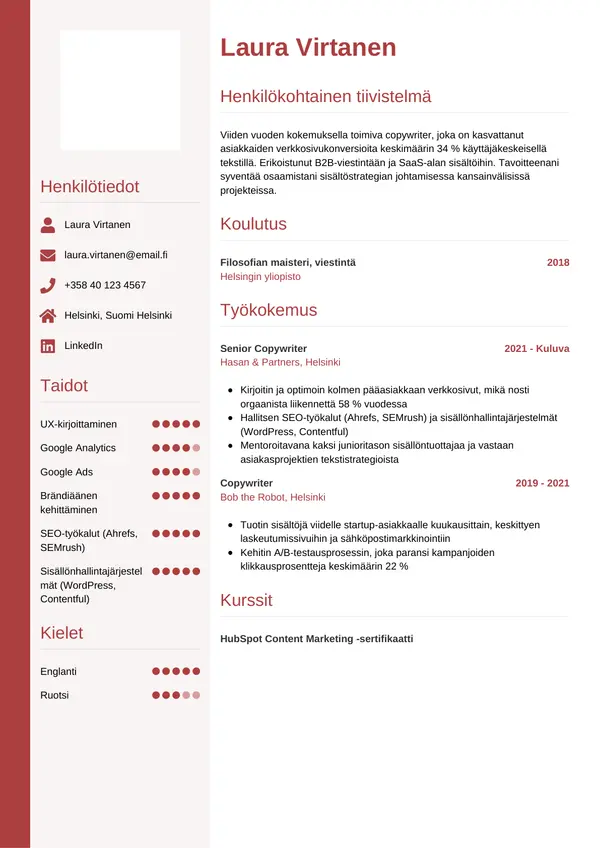 Copywriter CV-pohja — Tyyli 10