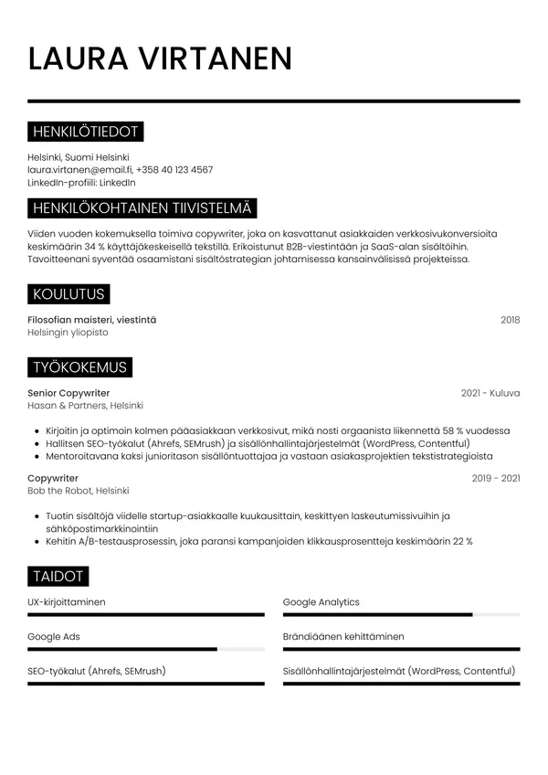 Copywriter CV-pohja — Tyyli 11