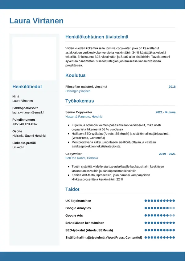Copywriter CV-pohja — Tyyli 9