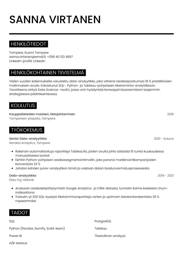 Data Analyytikko CV-pohja — Tyyli 11
