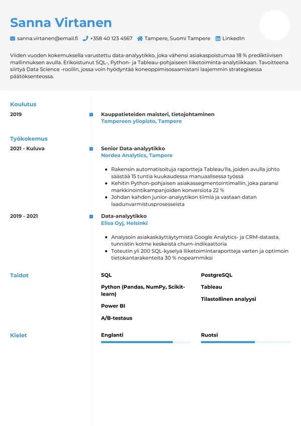Data Analyytikko CV-pohja — Tyyli 2