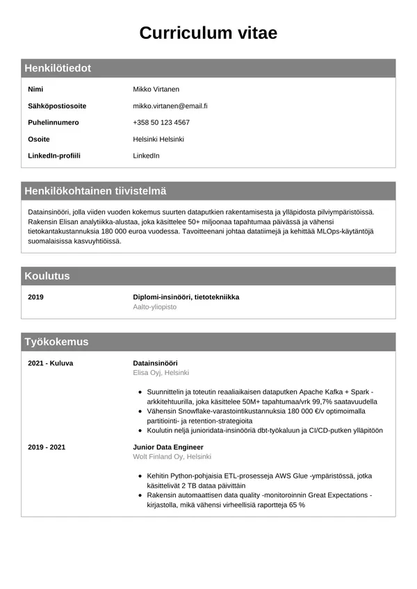 Datainsinoori CV-pohja — Tyyli 7