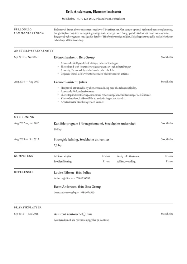 Ekonomiassistent CV-pohja — Tyyli 1