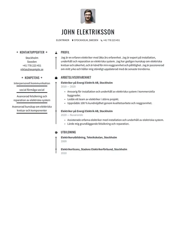 Elektriker CV-pohja — Tyyli 1