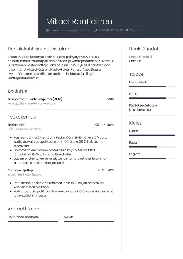 Ensihoitaja CV-pohja — Tyyli 1