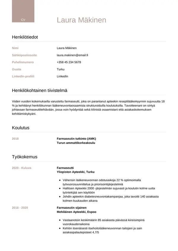 Farmaseutti CV-pohja — Tyyli 6