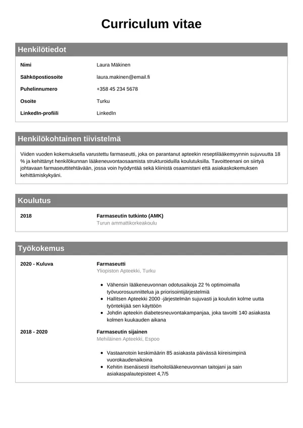 Farmaseutti CV-pohja — Tyyli 7