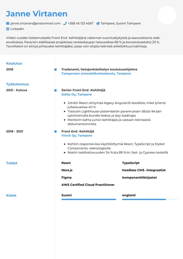 Front End Kehittaja CV-pohja — Tyyli 2