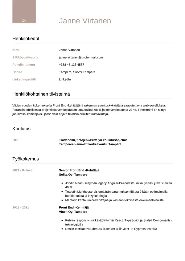 Front End Kehittaja CV-pohja — Tyyli 6