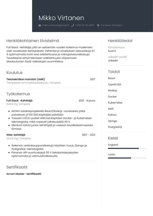 Full Stack Kehittaja CV-pohja — Tyyli 1