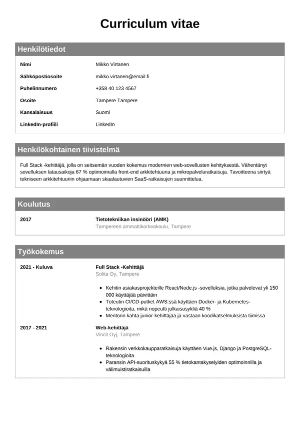 Full Stack Kehittaja CV-pohja — Tyyli 7