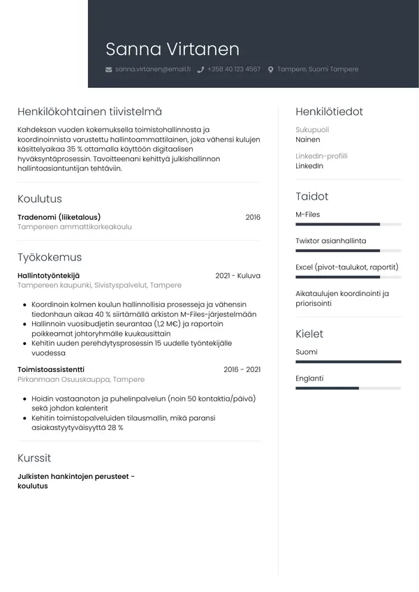 Hallintotyontekijan CV-pohja — Tyyli 1