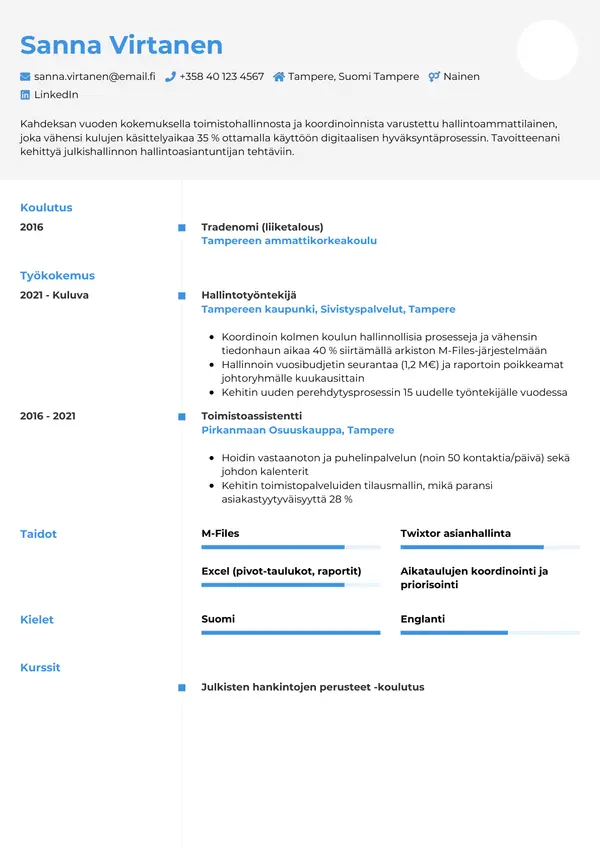 Hallintotyontekijan CV-pohja — Tyyli 2