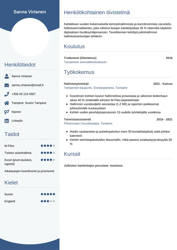 Hallintotyontekijan CV-pohja — Tyyli 4
