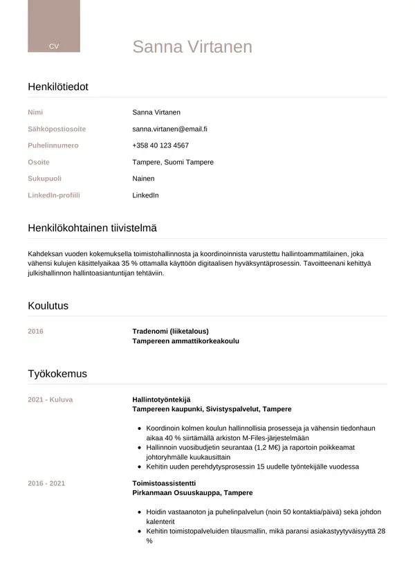 Hallintotyontekijan CV-pohja — Tyyli 6