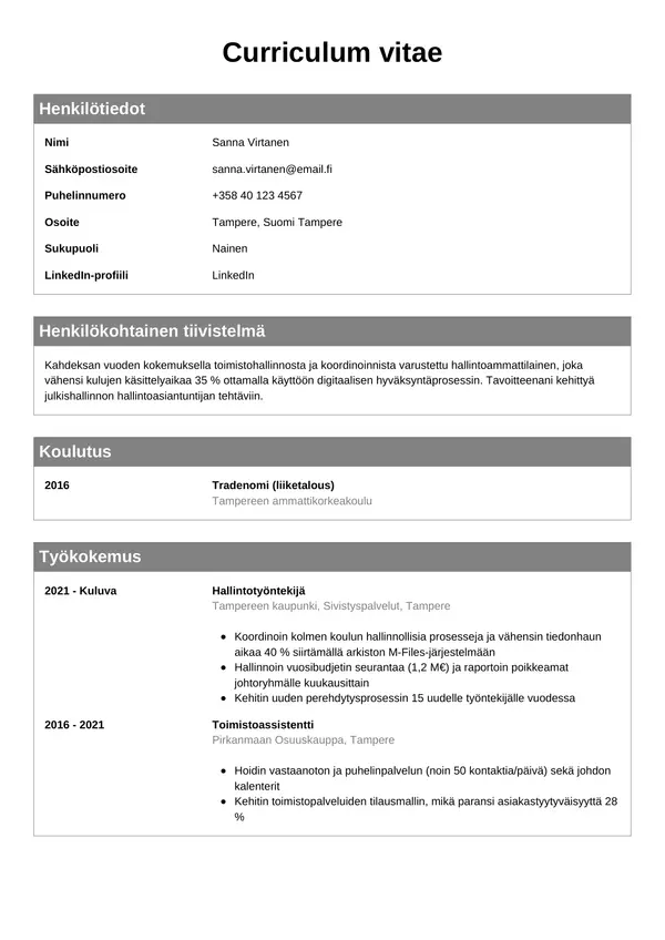 Hallintotyontekijan CV-pohja — Tyyli 7