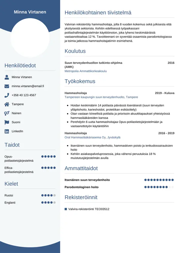 Hammashoitaja CV-pohja — Tyyli 4