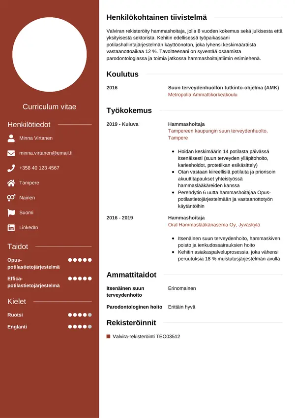 Hammashoitaja CV-pohja — Tyyli 5