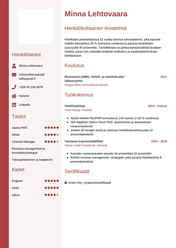 Hotellinjohtaja CV-pohja — Tyyli 10