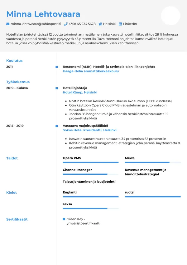 Hotellinjohtaja CV-pohja — Tyyli 2