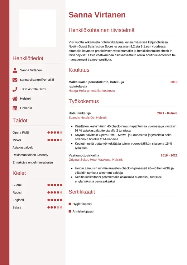 Hotellivirkailija CV-pohja — Tyyli 10