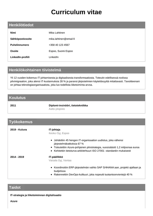 It Johtaja CV-pohja — Tyyli 7