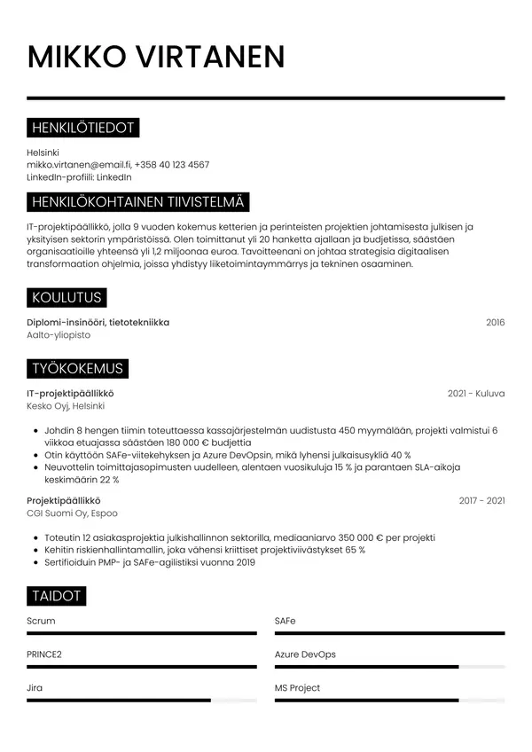 It Projektipaallikko CV-pohja — Tyyli 11