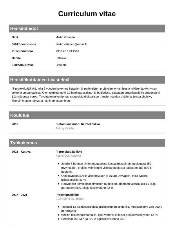 It Projektipaallikko CV-pohja — Tyyli 7