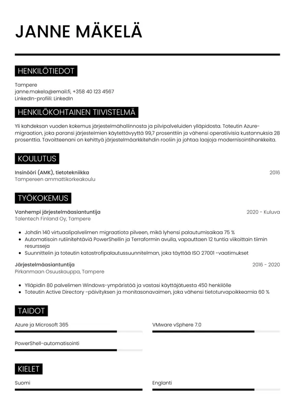 Jarjestelmaasiantuntija CV-pohja — Tyyli 11