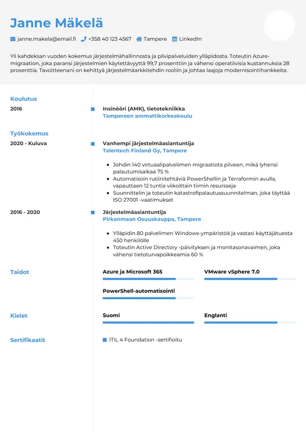 Jarjestelmaasiantuntija CV-pohja — Tyyli 2