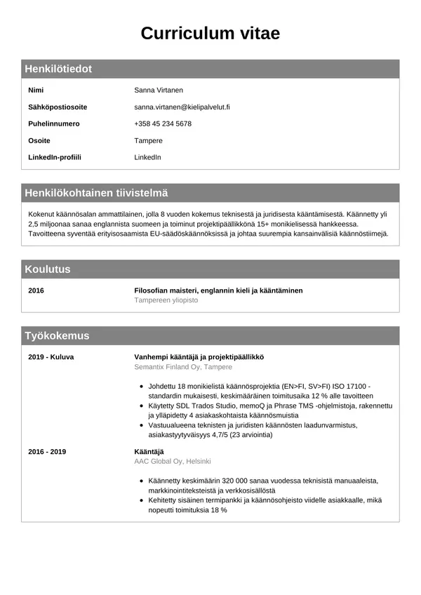 Kaantaja CV-pohja — Tyyli 7
